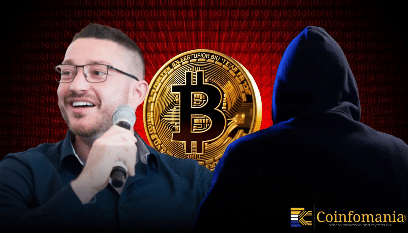 A man in glasses holding a microphone, a large gold Bitcoin symbol, and a person in a dark hoodie, all against a red background with binary code, resized to a 16:9 aspect ratio.