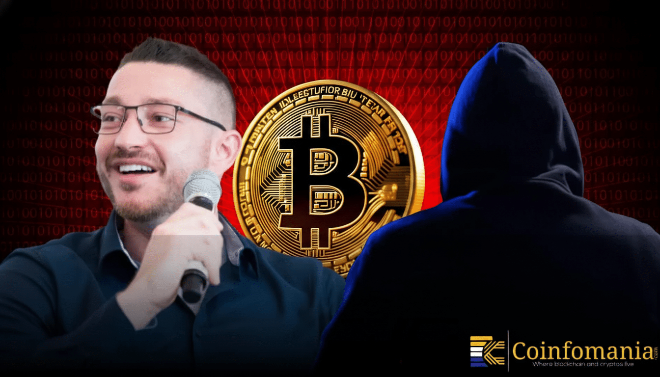 A man in glasses holding a microphone, a large gold Bitcoin coin, and a person in a dark hoodie, all against a red background with binary code. The Coinfolmania logo is in the bottom right corner.