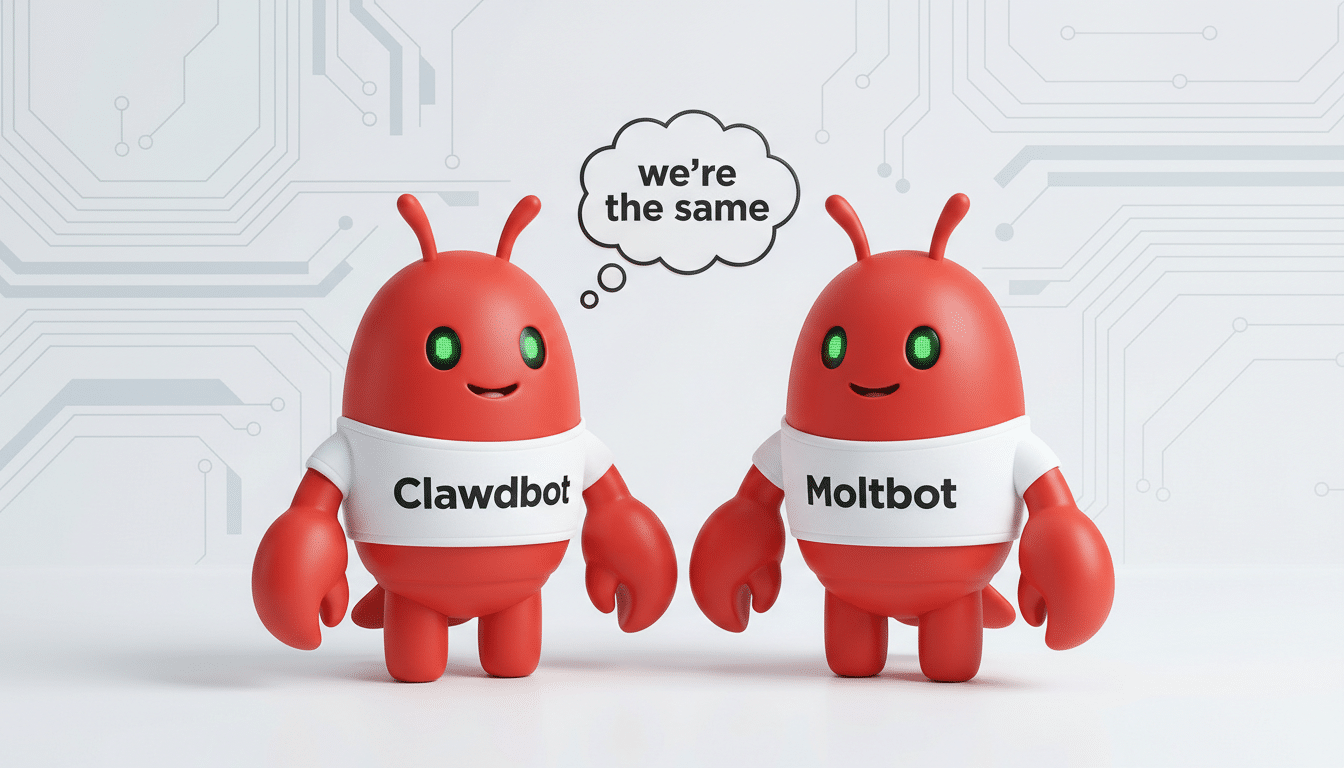 Two red, crab-like cartoon characters named Clawdbot and Moltbot, wearing white shirts, stand side-by-side with a thought bubble above them saying were the same.