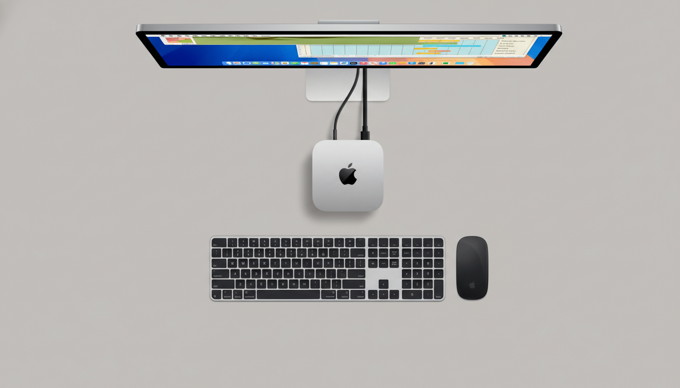 An overhead shot of a Mac Mini setup, featuring a silver Mac Mini connected to a monitor displaying a colorful interface, a black Magic Keyboard, and a black Magic Mouse, all on a light gray background.