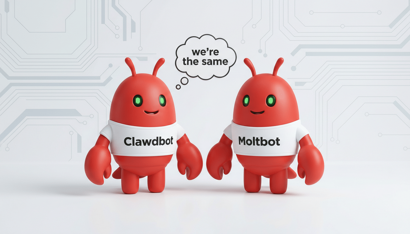 Two red, crab-like cartoon characters, Clawdbot and Moltbot, stand side-by-side on a white background with circuit board patterns. A thought bubble above them reads were the same.