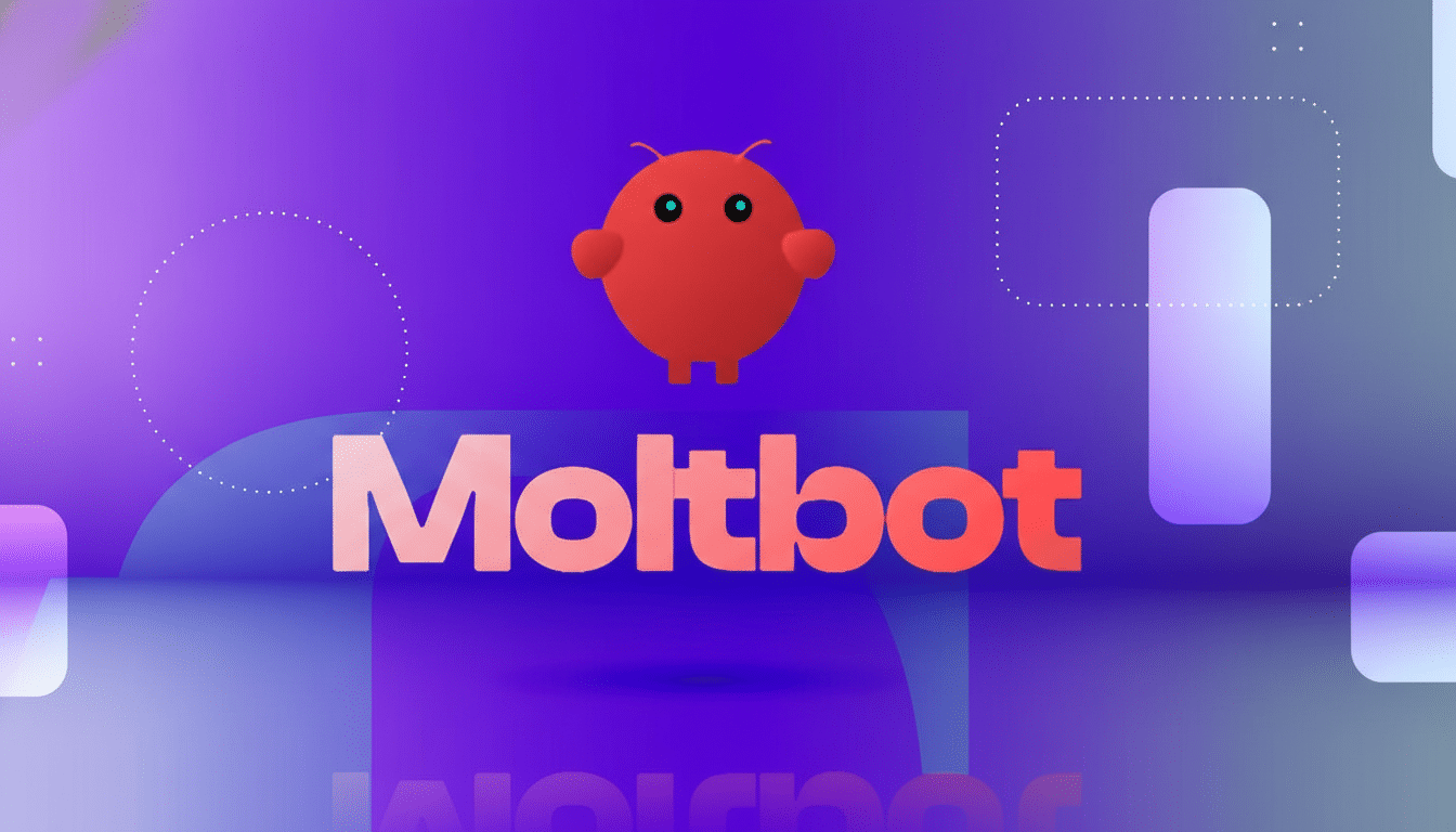 The Moltbot logo, featuring a red, bug-like robot character above the word Moltbot in a light red gradient, set against a vibrant purple background with subtle geometric shapes and a soft gradient.