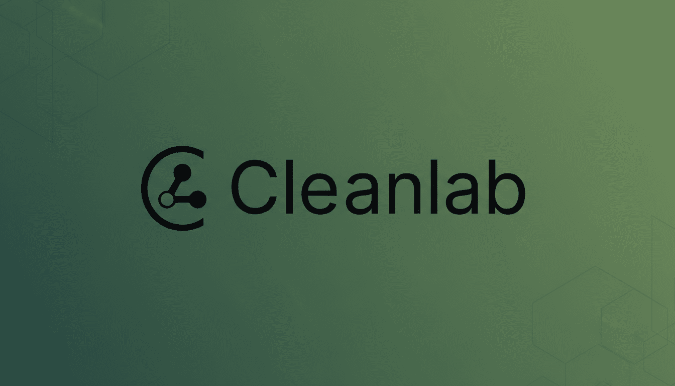 The Cleanlab logo, featuring a stylized C with connected dots resembling a circuit or network, followed by the word Cleanlab in a sans-serif font, all presented on a professional dark green gradient background with subtle geometric patterns.