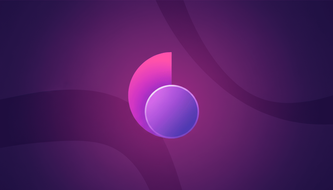 A purple and pink abstract logo with a circular element, set against a professional flat design background with soft, wavy patterns in shades of purple.