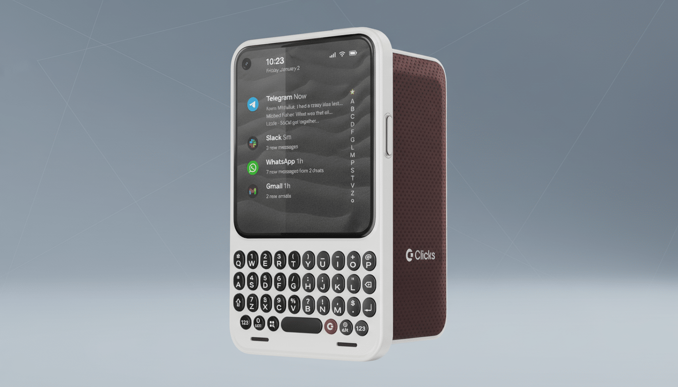 A white smartphone with a physical QWERTY keyboard attached to the bottom, displaying various app notifications on its screen. The phone has a brown textured back and the G Clicks logo on the side. The background is a professional flat design with soft patterns.