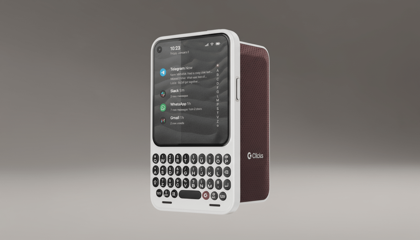 A white smartphone with a physical QWERTY keyboard attached to the bottom, displaying notifications from various messaging apps. The phone has a brown textured back and the G Clicks logo is visible on the side. The background is a professional flat design with soft gradients.