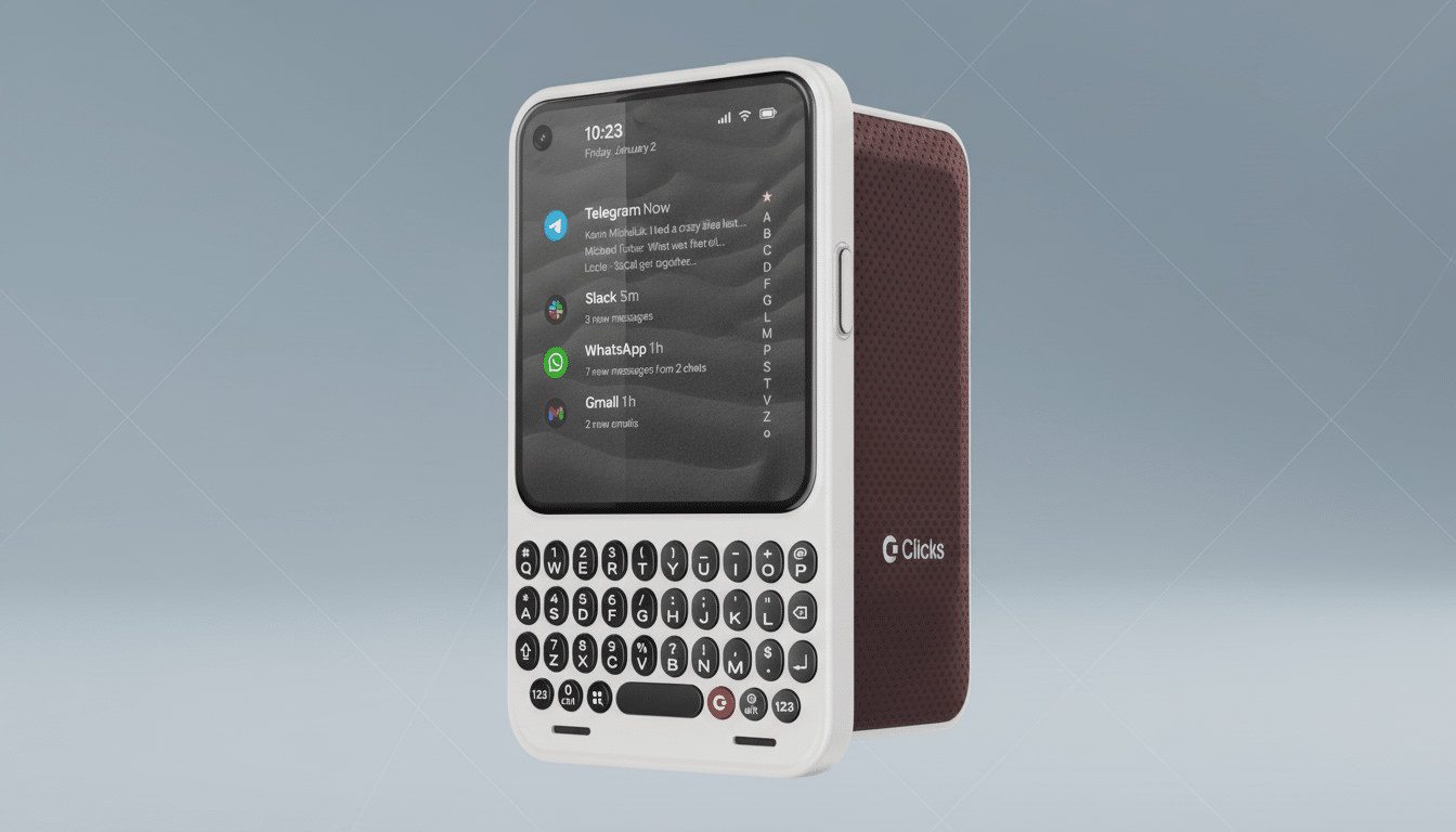 A white smartphone with a physical QWERTY keyboard attached to the bottom, displaying various app notifications on its screen. The phone is set against a professional, subtly patterned grey background.