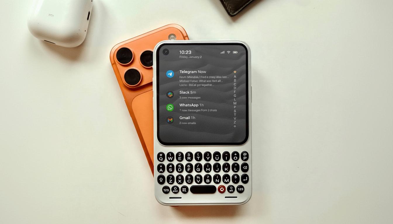 A white smartphone with a physical keyboard and a dark screen displaying notifications, resting on an orange smartphone, with white earbuds and a dark green object in the background.