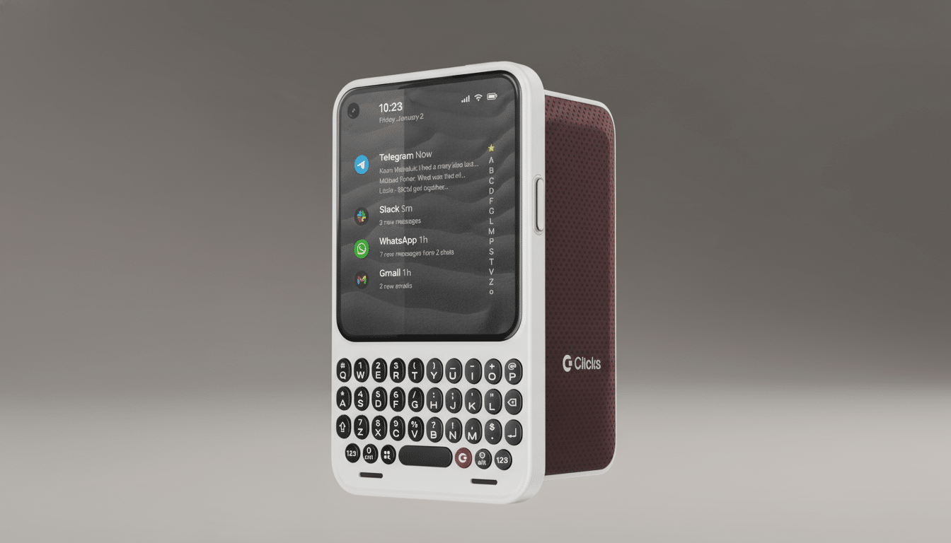 A white smartphone with a physical QWERTY keyboard attached, displaying various app notifications on its screen. The phone has a brown textured back and the G Clicks logo on the side.