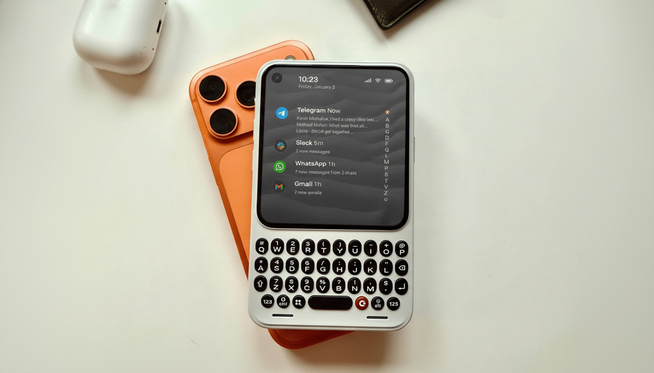 A white smartphone with a physical keyboard and a dark screen displaying notifications, resting on an orange smartphone, with white earbuds and a dark green wallet in the background.