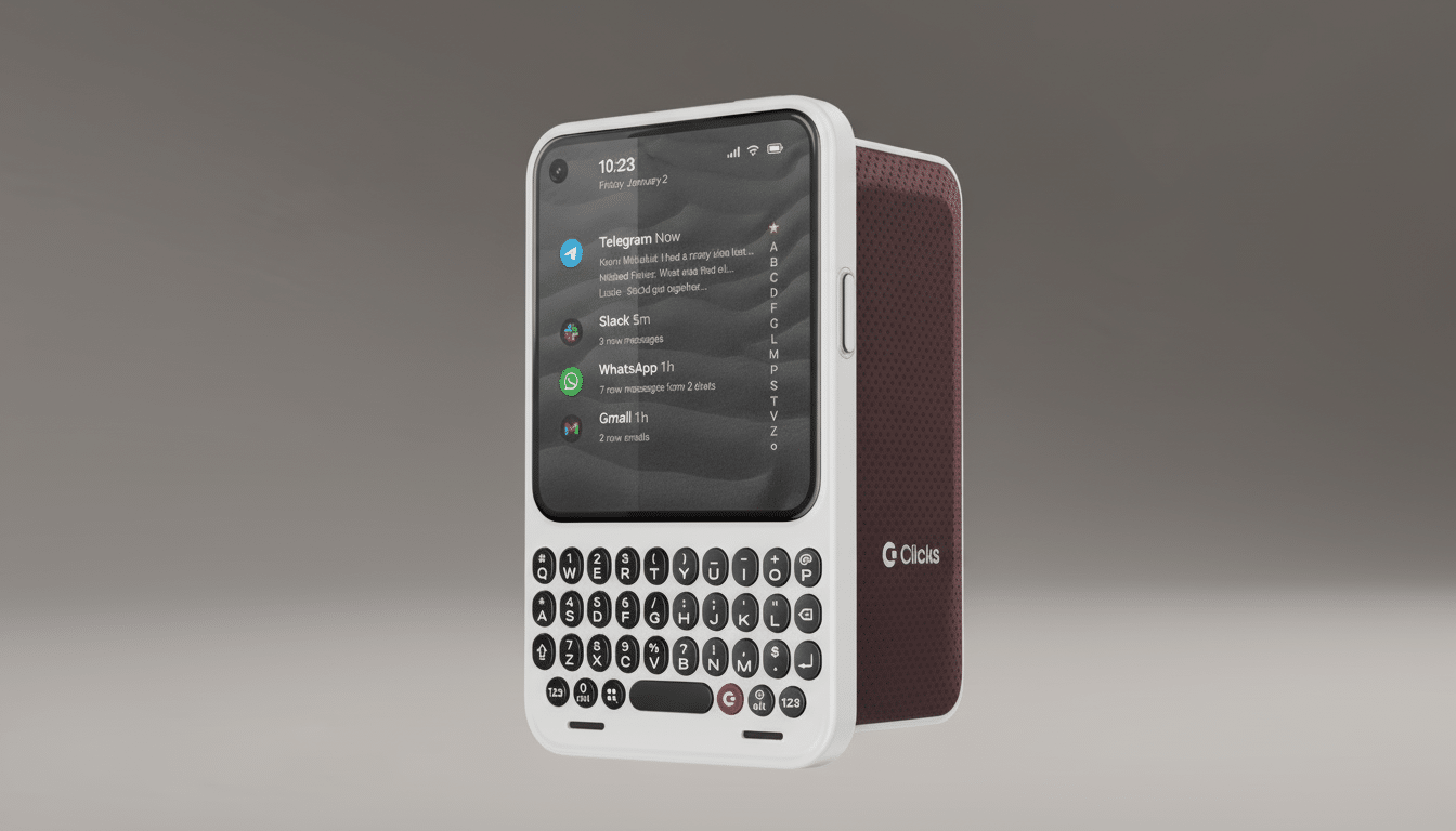 A white smartphone with a physical QWERTY keyboard attached to the bottom, displaying various app notifications on its screen. The phone is set against a simple, professional gray background.