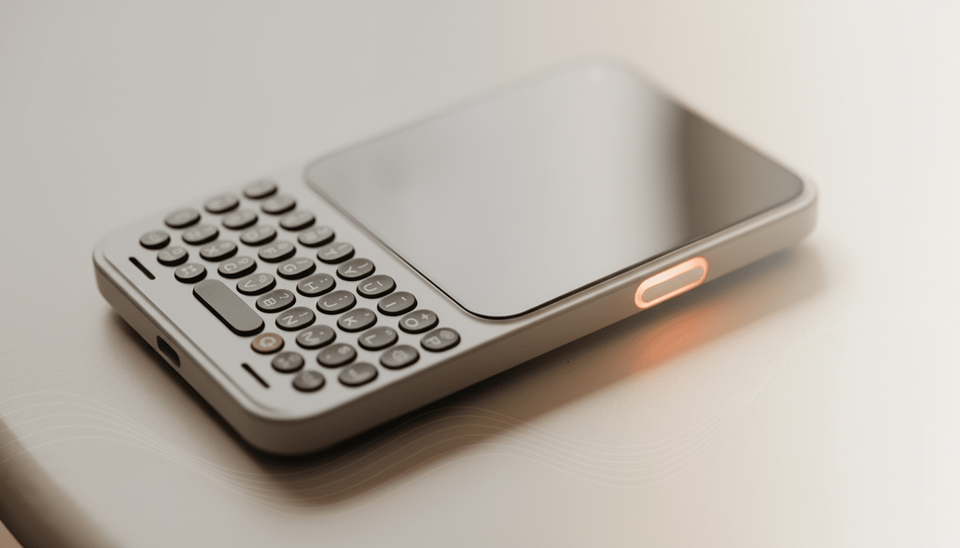 A sleek, modern gray smartphone with a full QWERTY keyboard and a glowing orange side button, presented on a professional flat design background with subtle wave patterns.