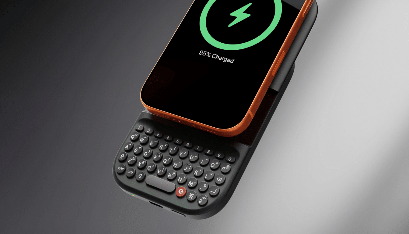 A smartphone with an orange case is shown charging, displaying 95% Charged and a green lightning bolt icon. It is attached to a physical QWERTY keyboard accessory.