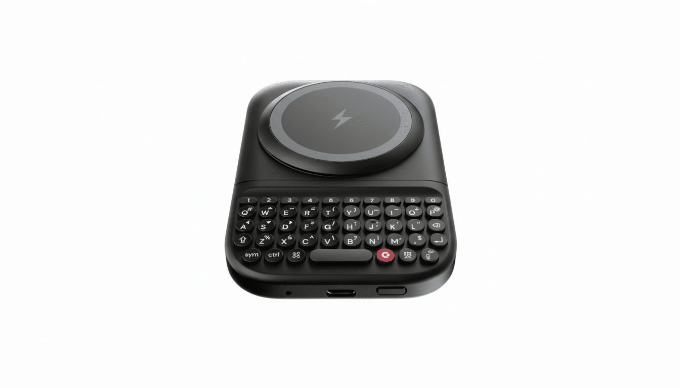 A black, compact device with a full QWERTY keyboard and a circular wireless charging pad on top, featuring a lightning bolt icon.