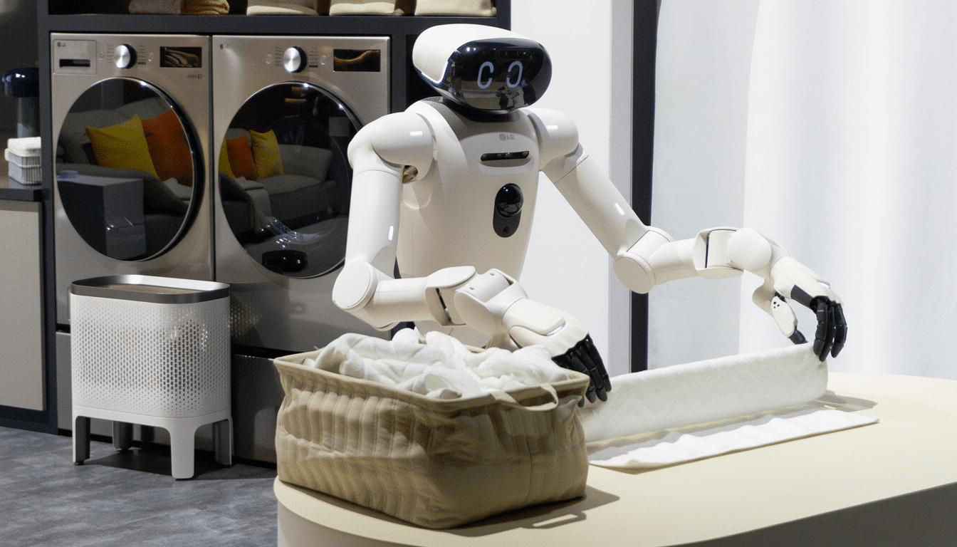 A white robot with a black face screen is shown folding laundry on a table, with a basket of clothes next to it. In the background, two washing machines are visible.