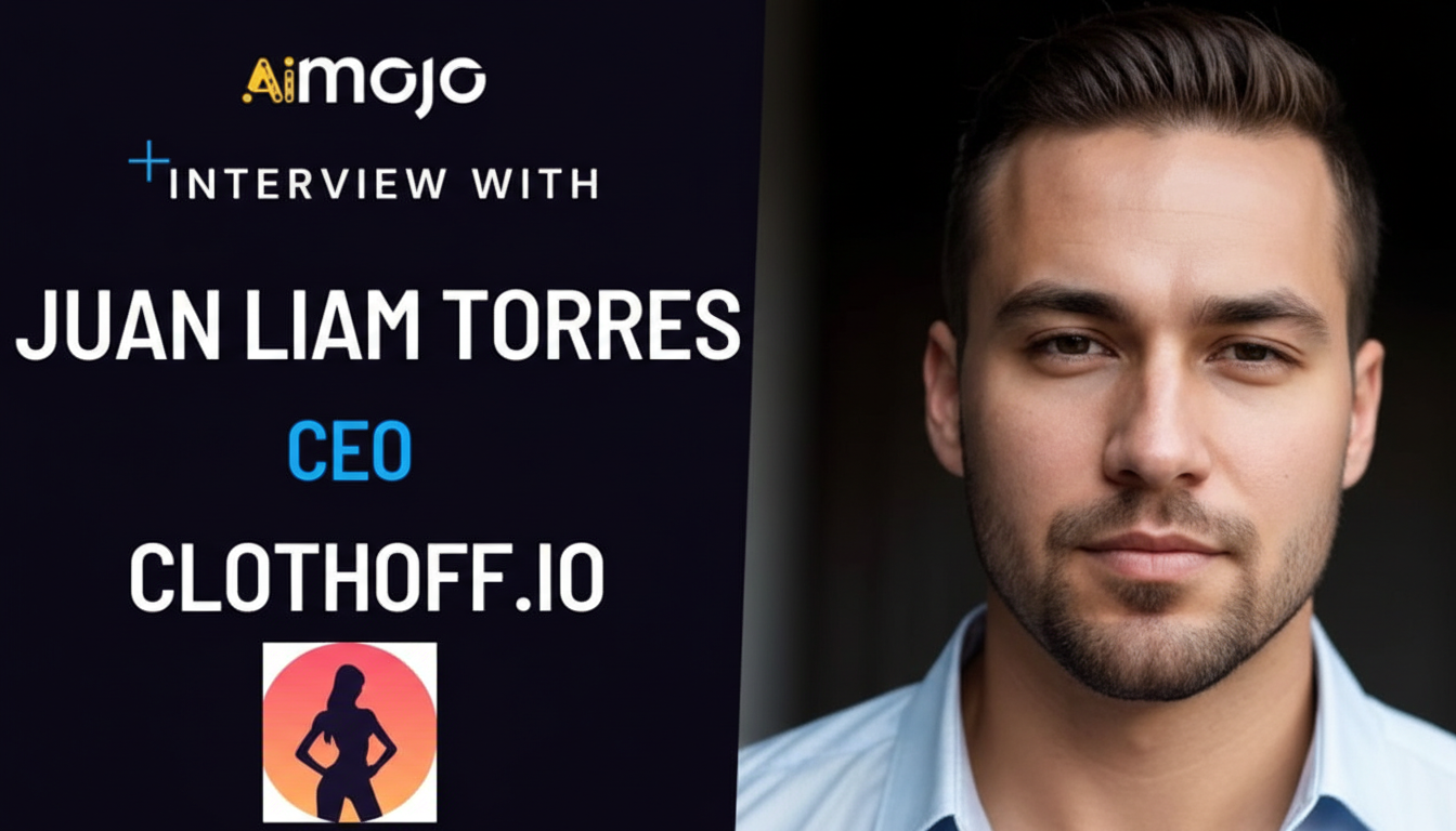 A professional image featuring Juan Liam Torres, CEO of Clothoff.io, with the Aimojo logo and Interview With text.