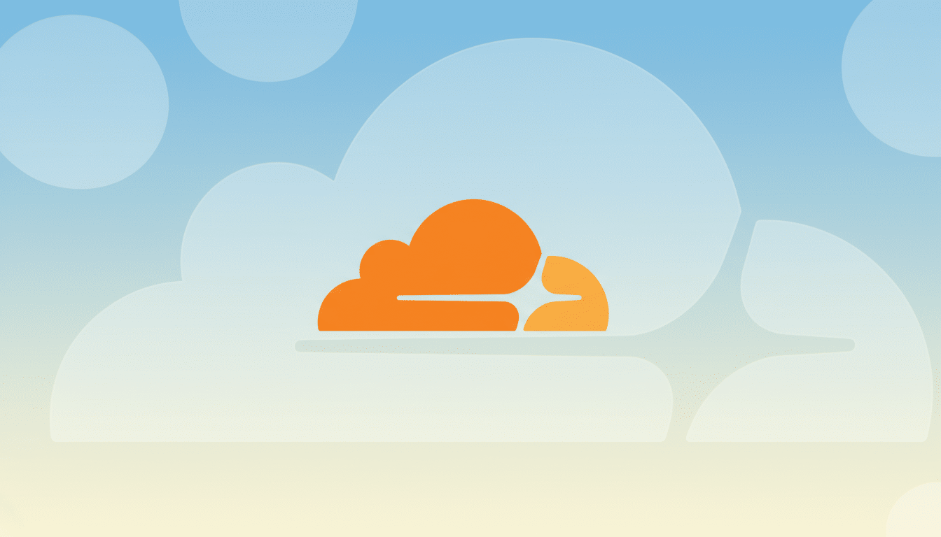 An orange cloud-shaped logo with a stylized lightning bolt on the right, set against a professional flat design background with soft blue and yellow gradients and subtle cloud patterns.