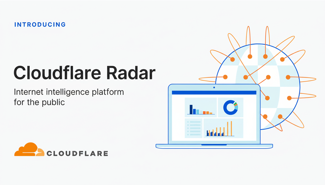 Cloudflare Radar banner with a laptop displaying data visualizations and a stylized globe