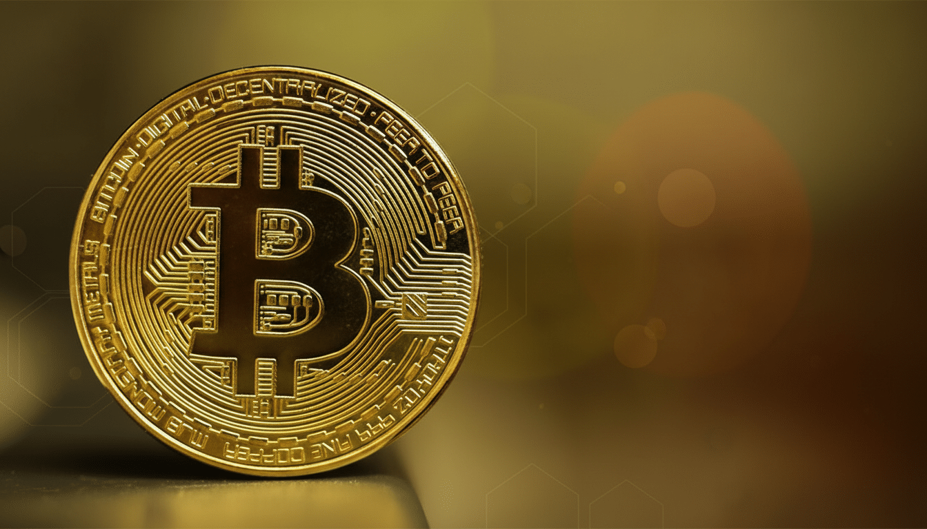A golden Bitcoin coin is prominently displayed on the left side of the image, with a blurred, warm-toned background featuring subtle hexagonal patterns and soft bokeh lights.