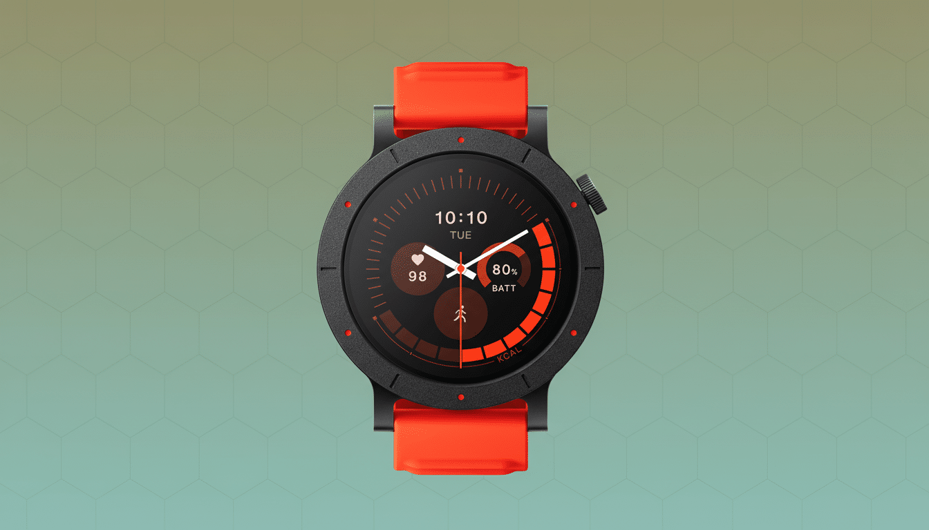 A black smartwatch with a bright orange band, displaying the time 10:10, Tuesday, 98 heart rate, 80% battery, and kcal, set against a professional flat design background with soft hexagonal patterns and a gradient from green to orange.