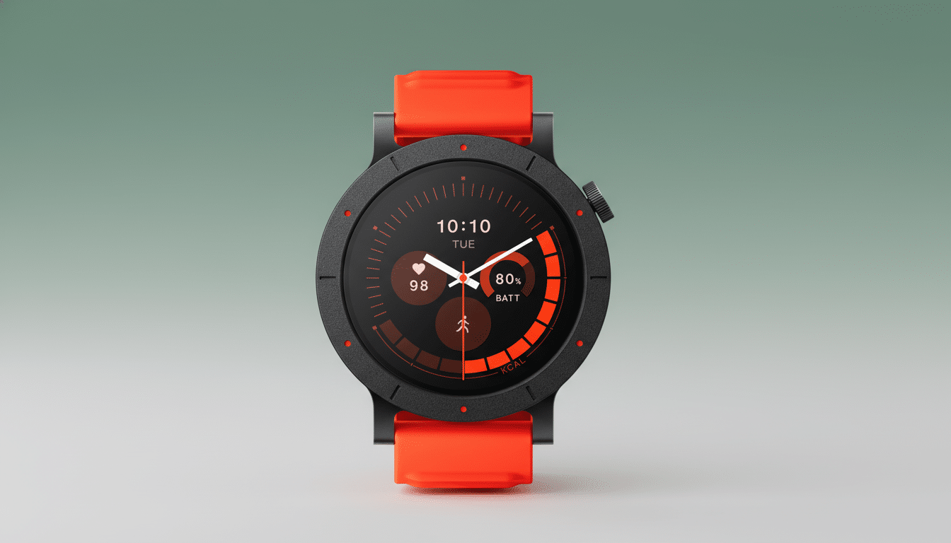 A black smartwatch with a bright orange band, displaying the time 10:10, Tuesday, 98 heart rate, 80% battery, and a calorie count, set against a professional flat design background with a soft gradient.