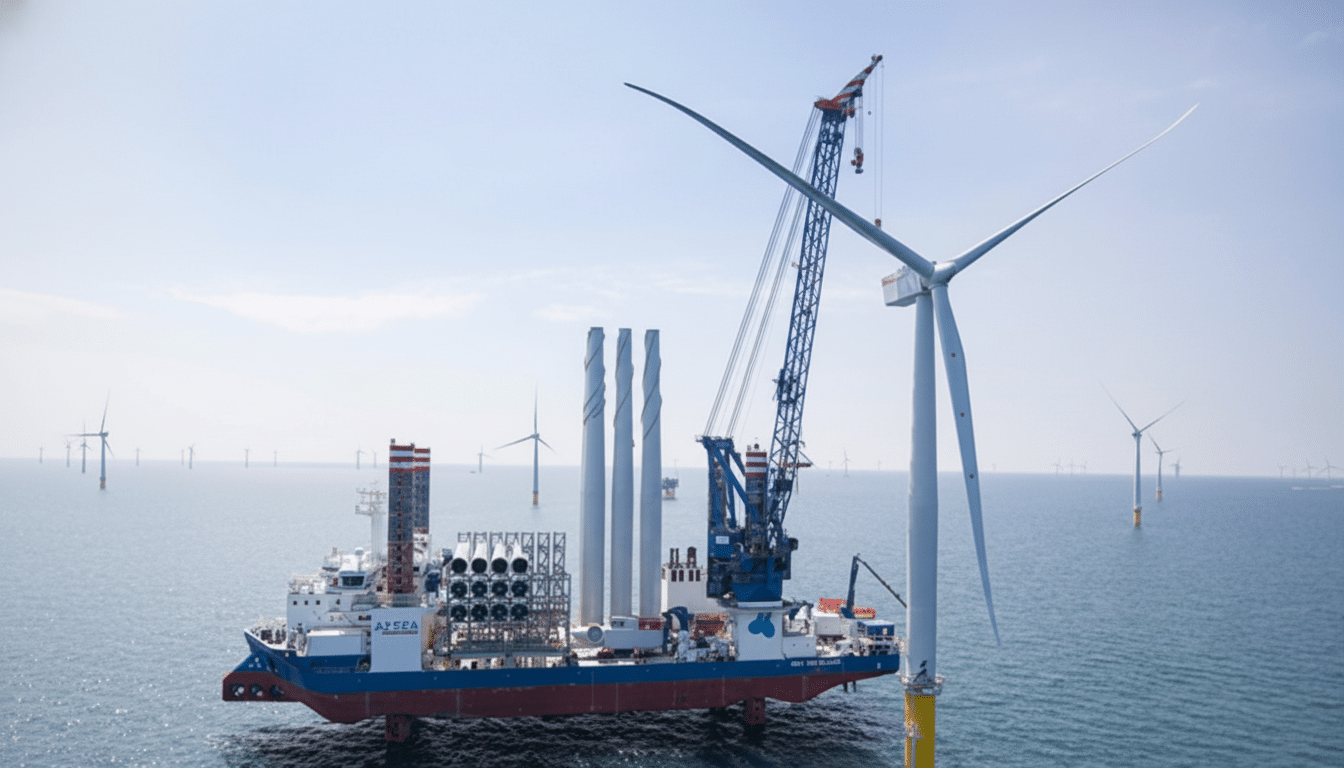 An offshore wind farm installation vessel, the Aperia, is positioned next to a wind turbine in the ocean, with numerous other wind turbines visible in the background under a clear sky.