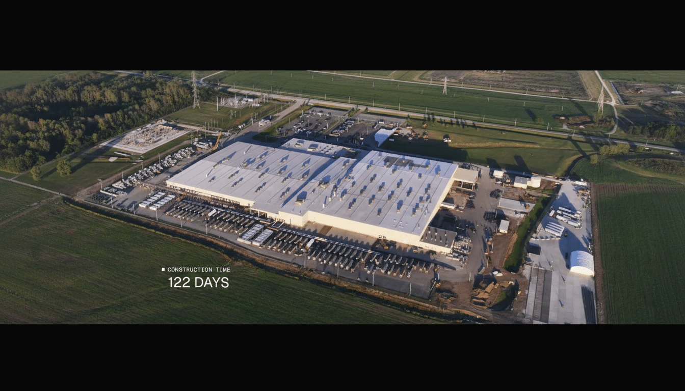 An aerial view of a large industrial building with a white roof, surrounded by green fields and some construction equipment. The text CONSTRUCTION TIME 122 DAYS is visible in the bottom left corner.