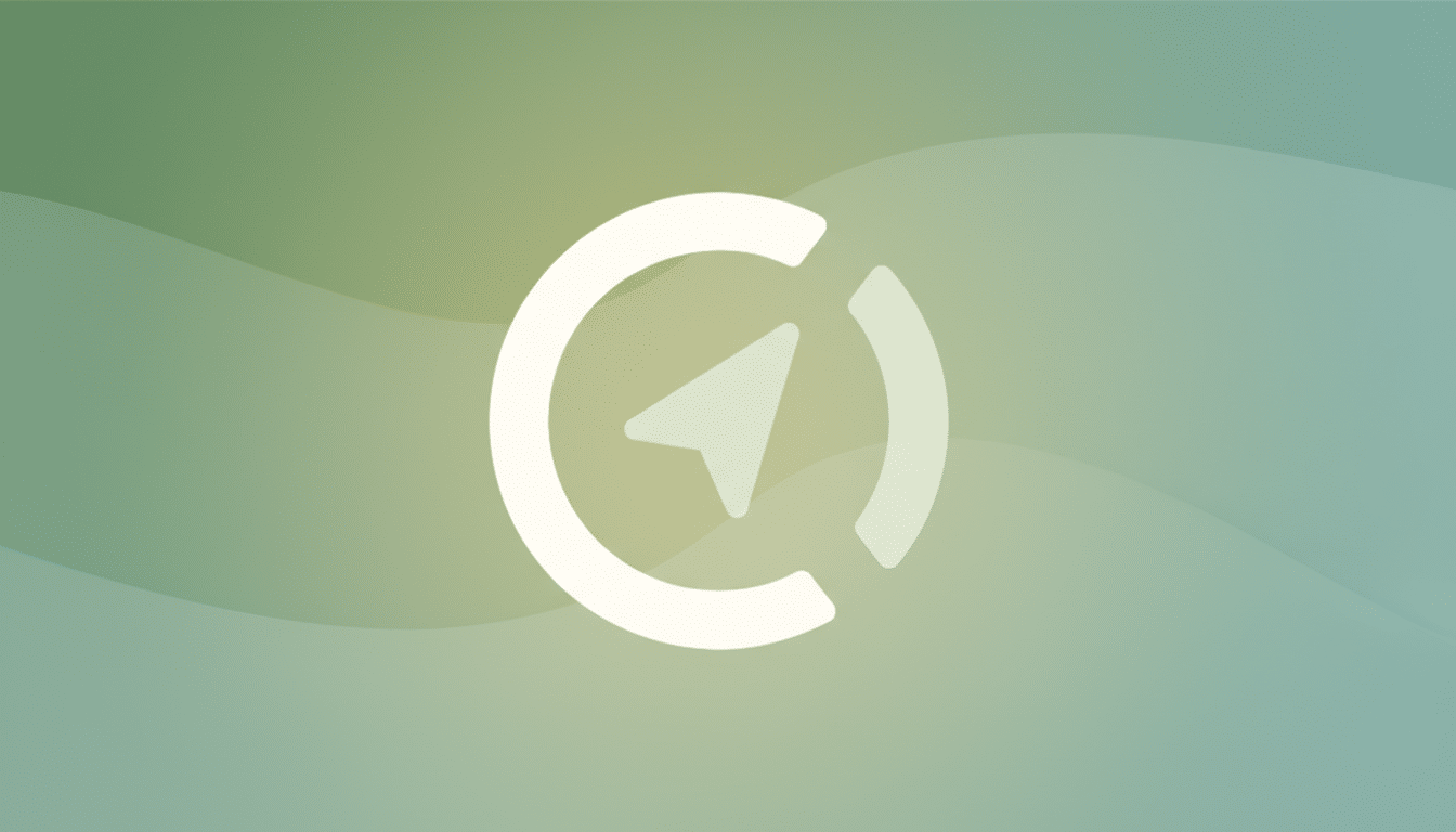 A white compass icon with a pointer in the center, surrounded by a circular outline that is partially filled, set against a professional flat design background with soft green and blue gradients and subtle wave patterns.