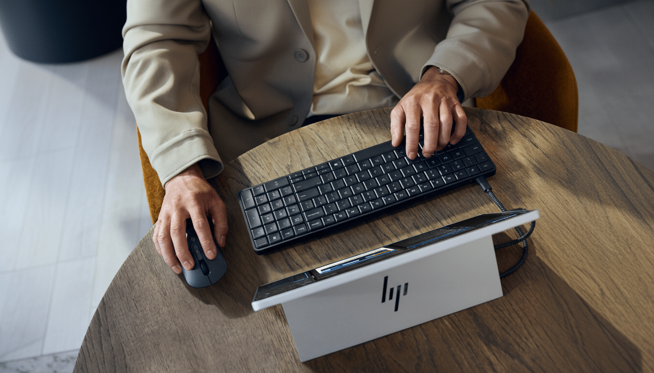 A persons hands are shown using a black wireless keyboard and a gray wireless mouse, positioned on a round wooden table. Next to the keyboard is a white HP tablet displaying a screen with various applications. The person is wearing a light-colored jacket.