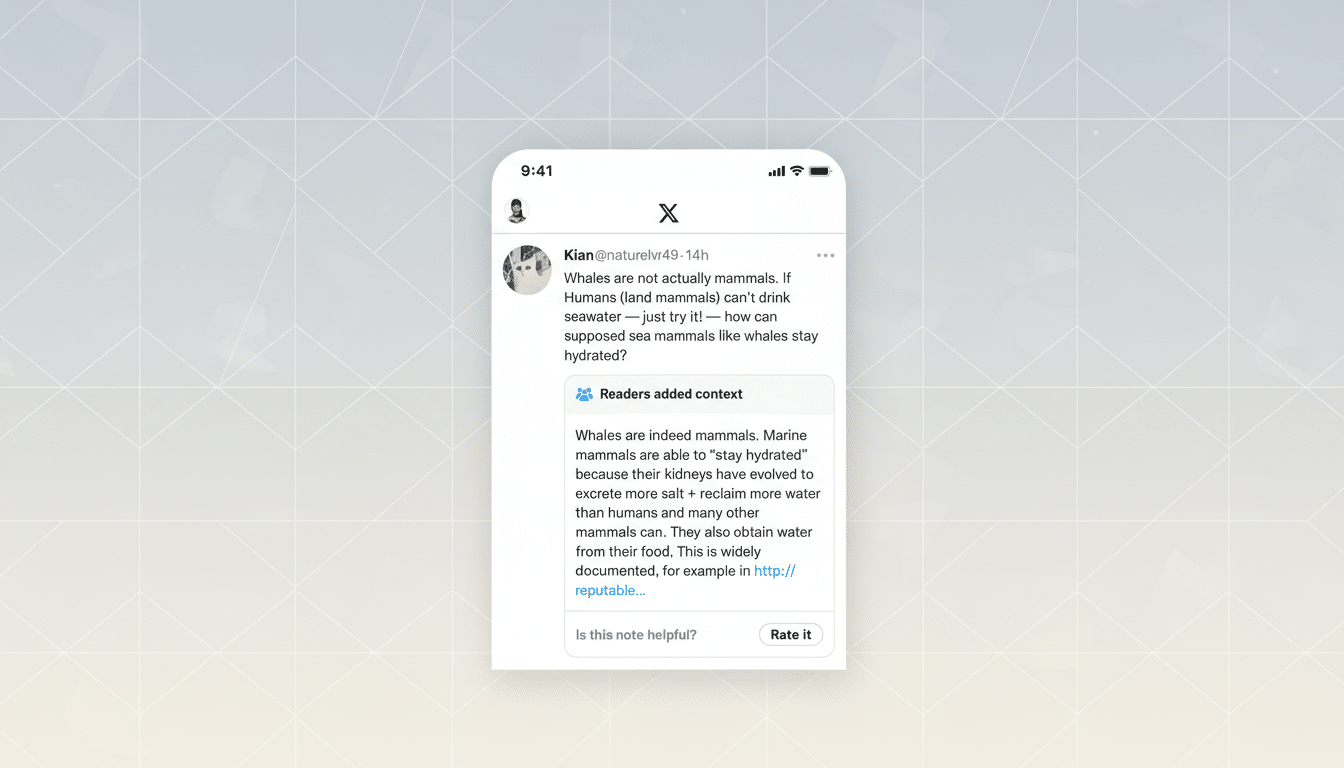 A mobile phone screen displaying a social media post with a Readers added context note correcting a false statement about whales.