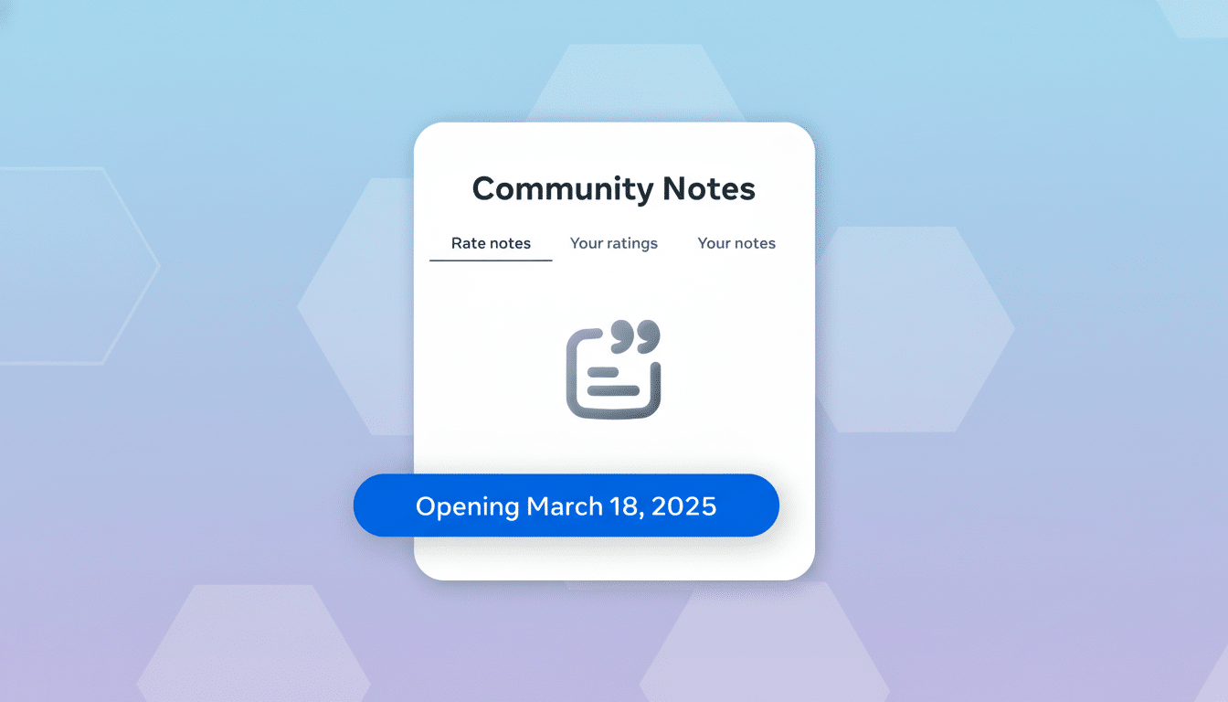 A white card with rounded corners displays Community Notes at the top, with tabs for Rate notes, Your ratings, and Your notes. Below, a gray icon of a document with quotation marks is centered. A blue button at the bottom of the card reads Opening March 18, 2025. The background is a soft blue gradient with subtle hexagonal patterns.