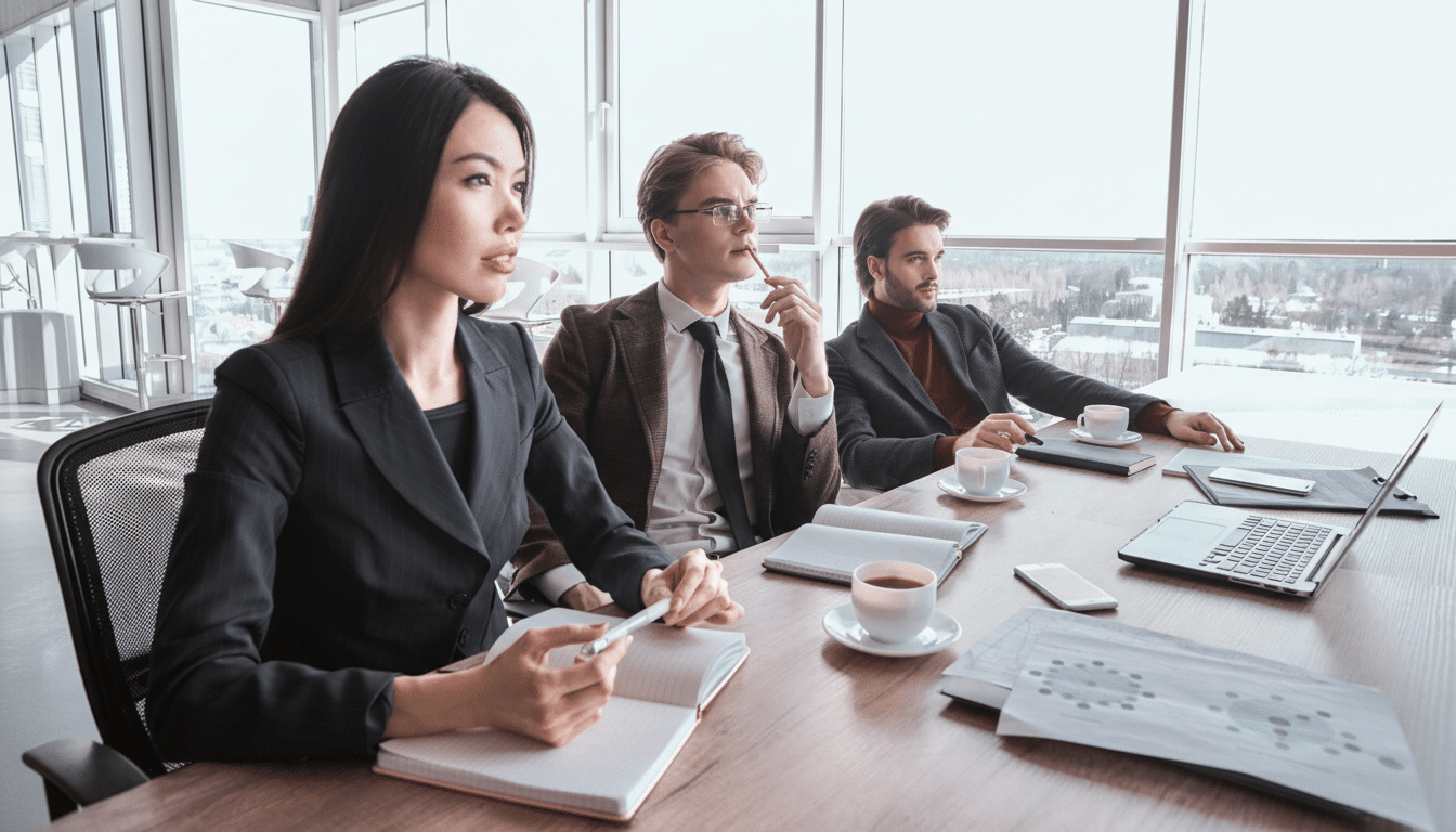 Three professionals, two men and one woman, are seated at a conference table in a modern office with large windows, engaged in a meeting.
