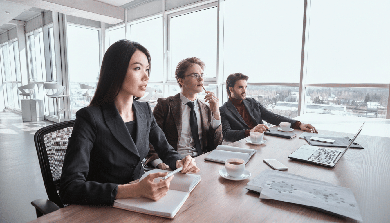 Three professionals, two men and one woman, are seated at a conference table in a modern office with large windows, engaged in a meeting.
