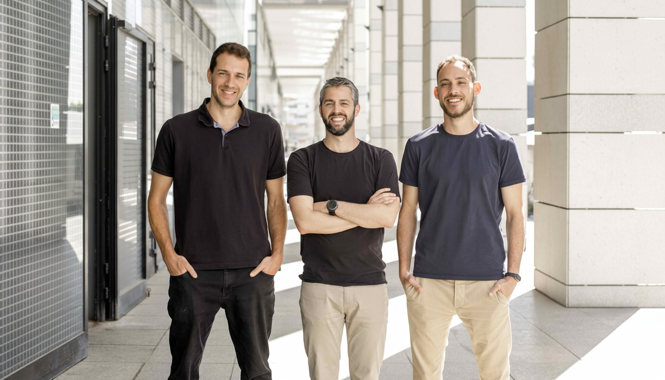 Three men standing side-by-side in a modern outdoor setting, smiling at the camera.