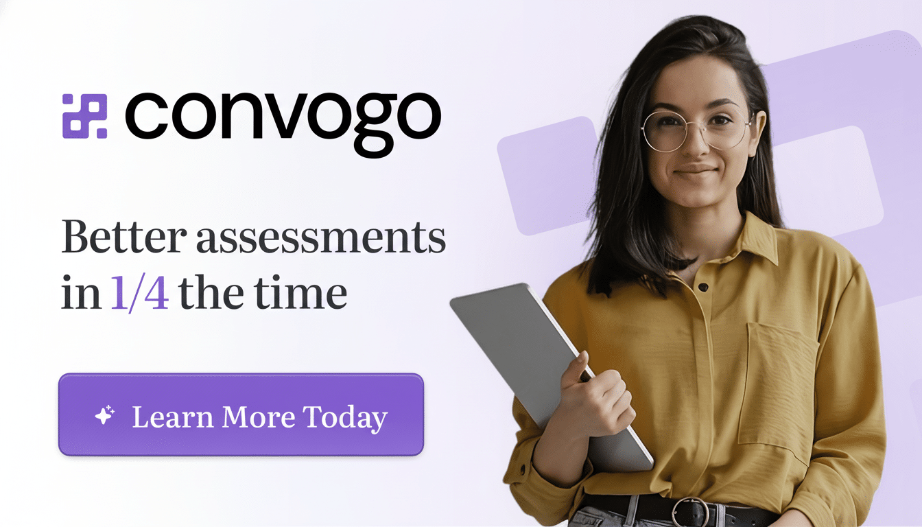 A woman in a yellow shirt and glasses holding a tablet, smiling at the viewer. The Convogo logo and text Better assessments in 1/4 the time are visible, along with a Learn More Today button.