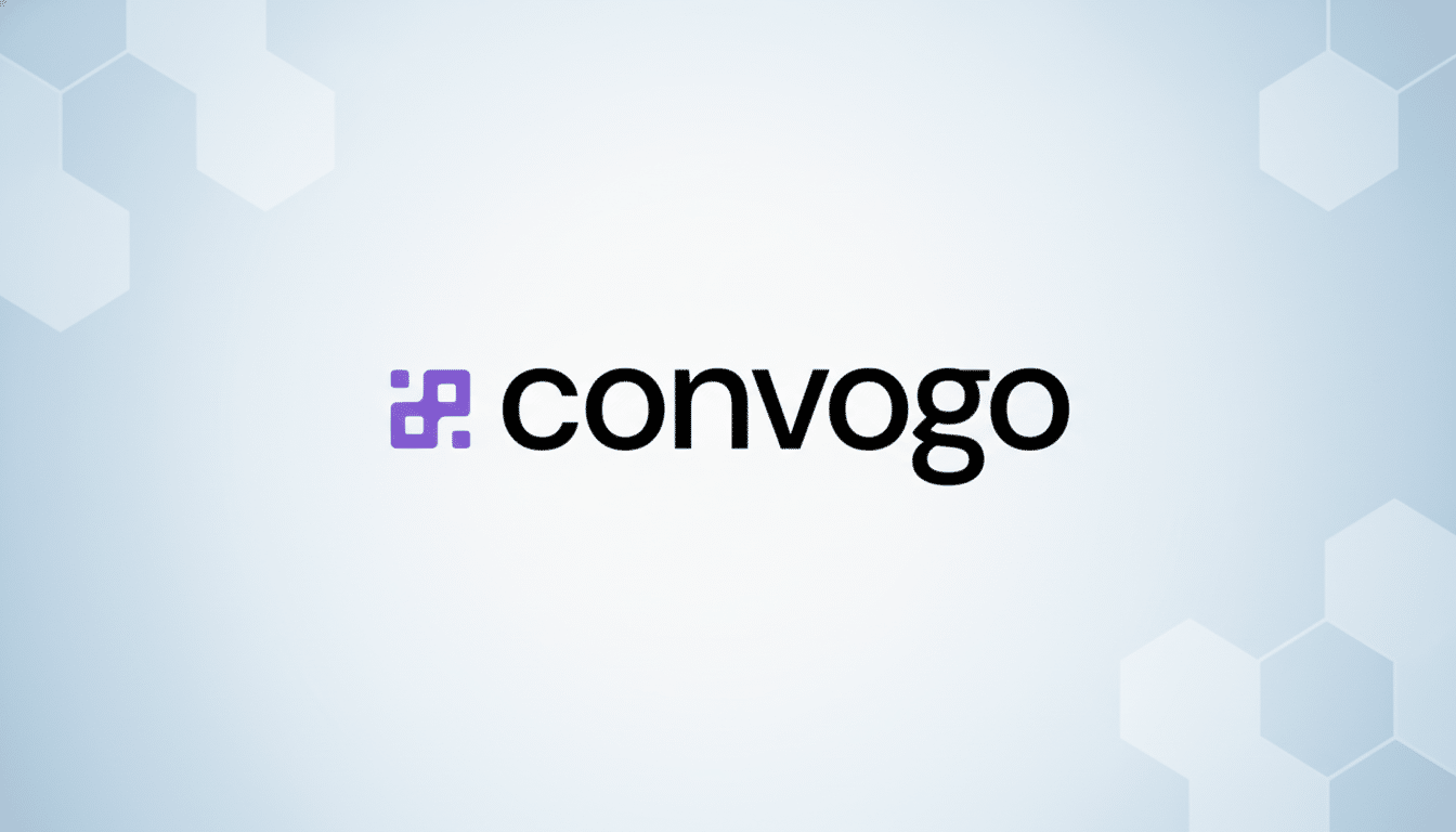 The Convogo logo, featuring a purple pixelated icon and the word convogo in black text, centered on a light blue and white gradient background with subtle hexagonal patterns.