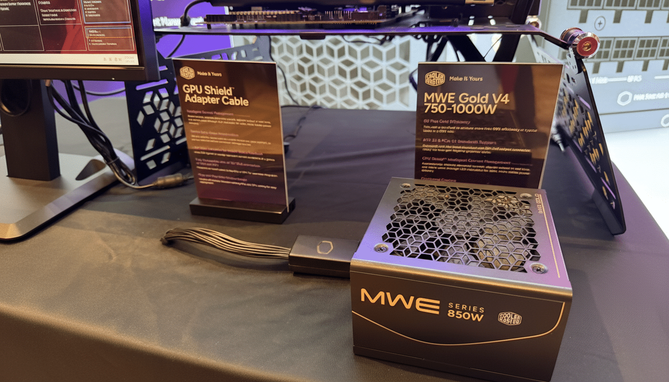 A Cooler Master MWE Series 850W power supply unit and a GPU Shield Adapter Cable displayed on a table with informational signs.