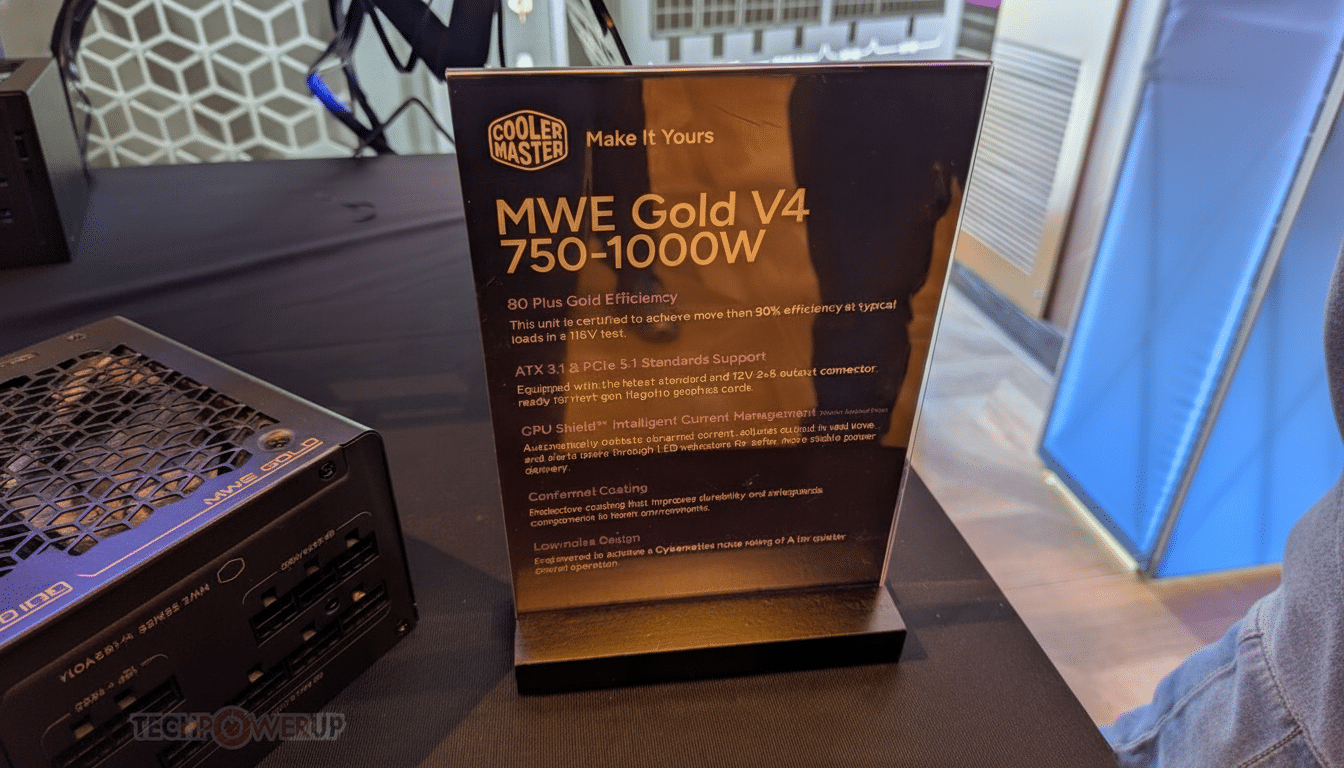 A Cooler Master MWE Gold V4 750-1000W power supply unit display stand with product features.