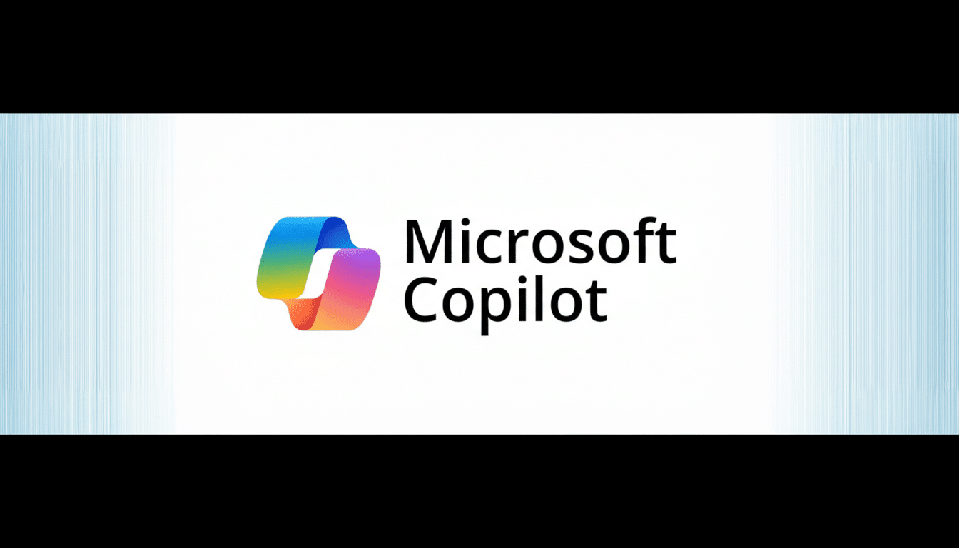The Microsoft Copilot logo and text on a white background with subtle blue vertical lines on the sides, resized to a 16:9 aspect ratio.