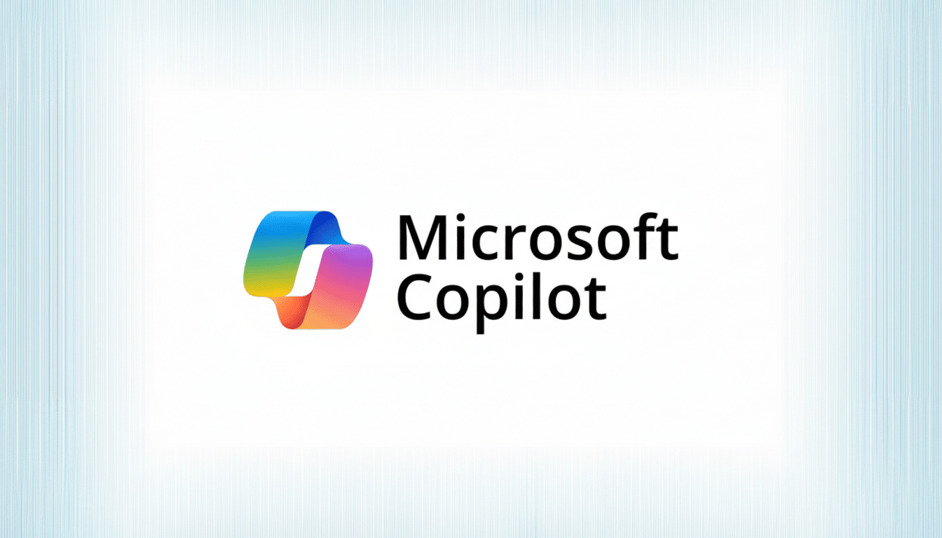 The Microsoft Copilot logo and text on a light blue background with subtle vertical lines, resized to a 16:9 aspect ratio.