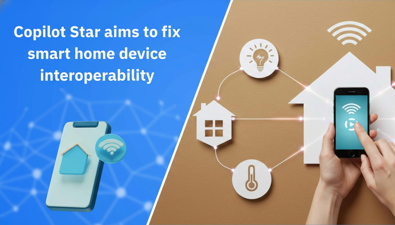 A 16:9 aspect ratio image showing a smartphone controlling smart home devices, with the text Copilot Star aims to fix smart home device interoperability on the left.