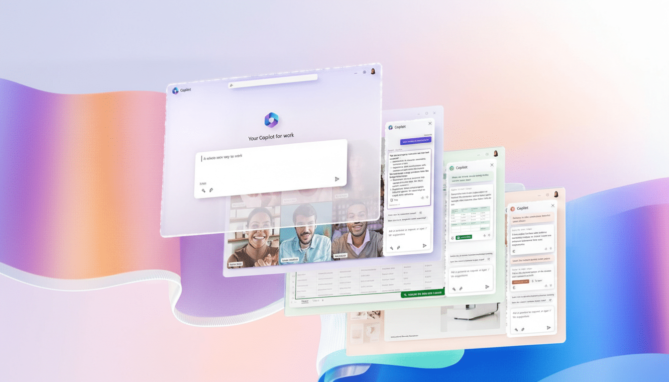 A professionally enhanced image of multiple Copilot for work windows displayed on a soft, gradient background, resized to a 16:9 aspect ratio.