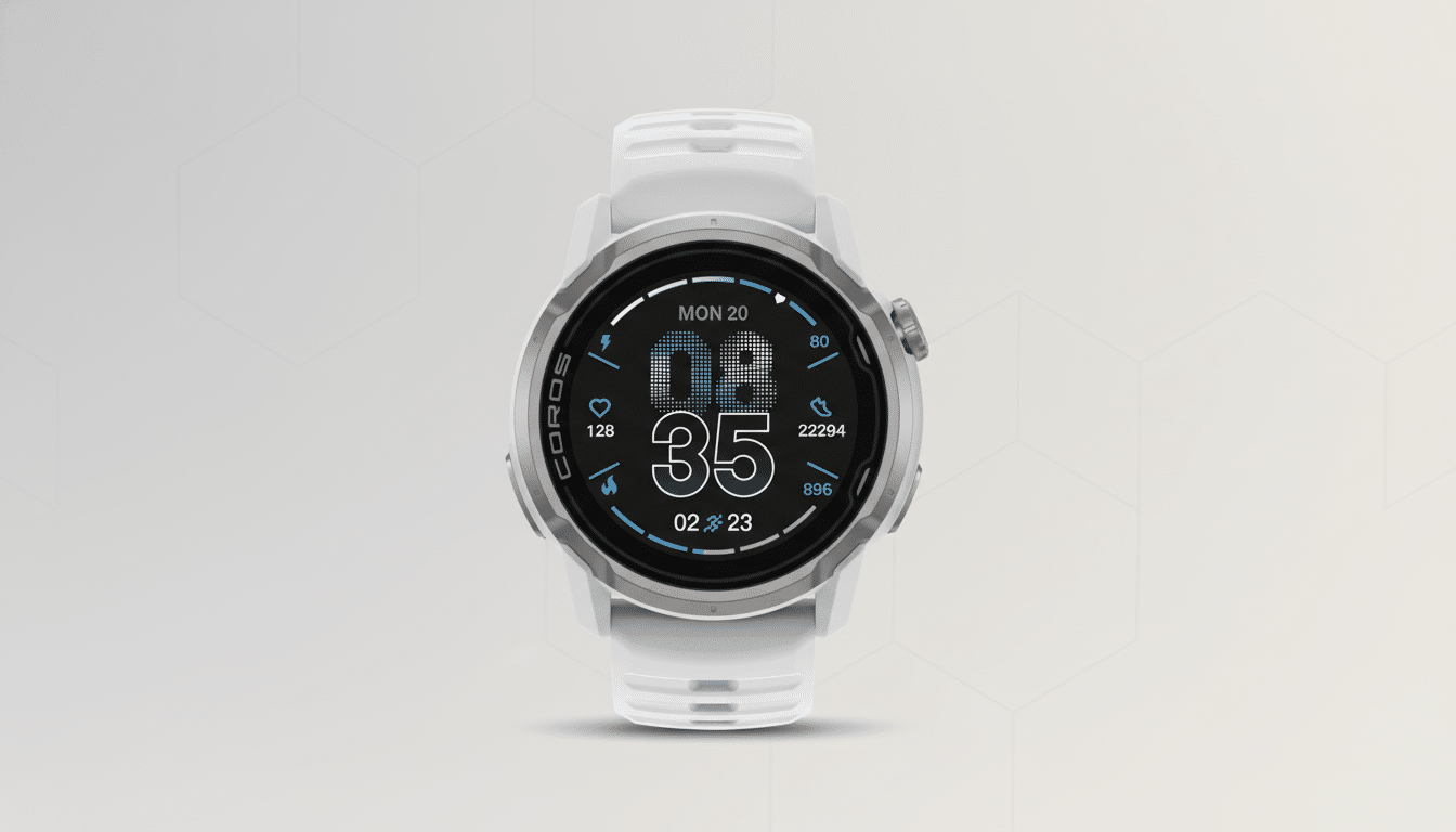 A white Coros GPS sports watch with a digital display showing MON 20, 02 35, and various fitness metrics, set against a light gray background with a subtle hexagonal pattern.