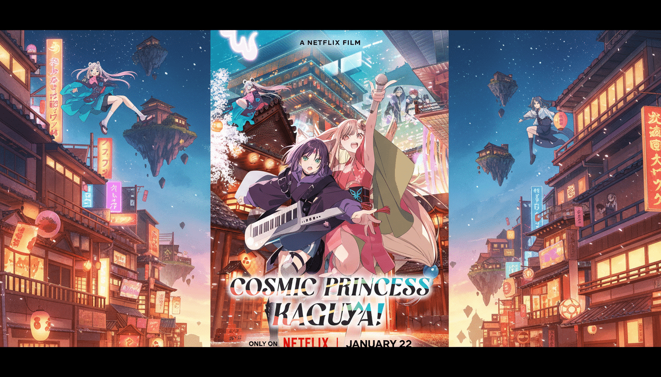 A 16:9 aspect ratio image of the Cosmic Princess Kaguya! movie poster, featuring two main anime characters in the foreground, one holding a keyboard and the other a microphone, against a vibrant background of floating Japanese-style buildings and other characters. The Netflix film title and release date are visible at the bottom.