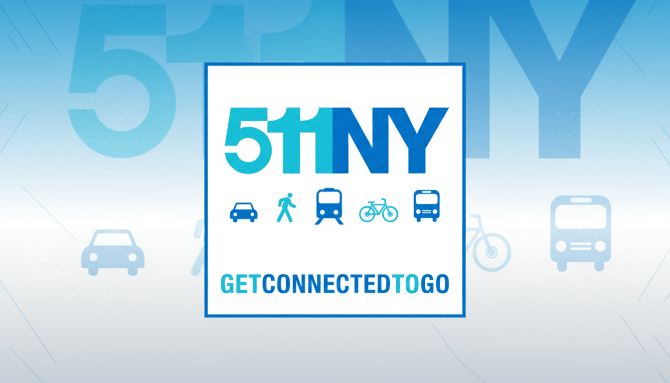 The 511NY logo, featuring the text 511NY in large blue and teal letters, with icons for a car, pedestrian, train, bicycle, and bus below it. The tagline GETCONNECTEDTOGO is at the bottom. The logo is centered on a light blue gradient background with faint, larger versions of the transportation icons subtly integrated into the background.