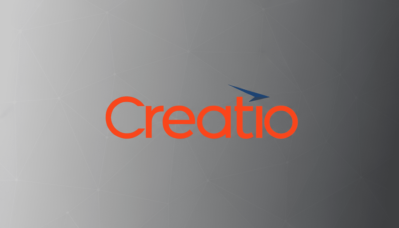 The Creatio logo, featuring the word Creatio in orange with a blue arrow-like design above the i, set against a professional grey gradient background with subtle geometric patterns.