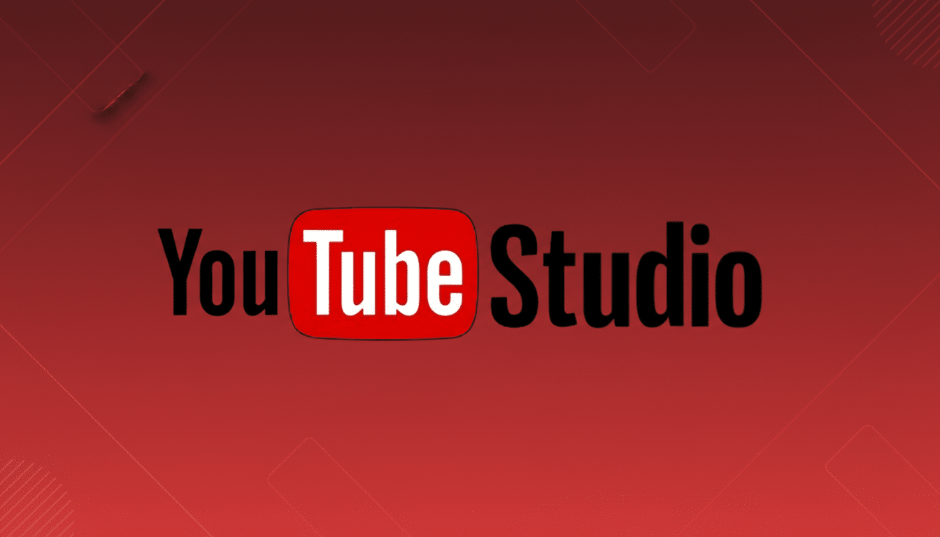 The YouTube Studio logo is displayed on a red background with subtle geometric patterns and a gradient effect. The logo features You Tube in white text within a red rounded rectangle, and Studio in black text next to it.