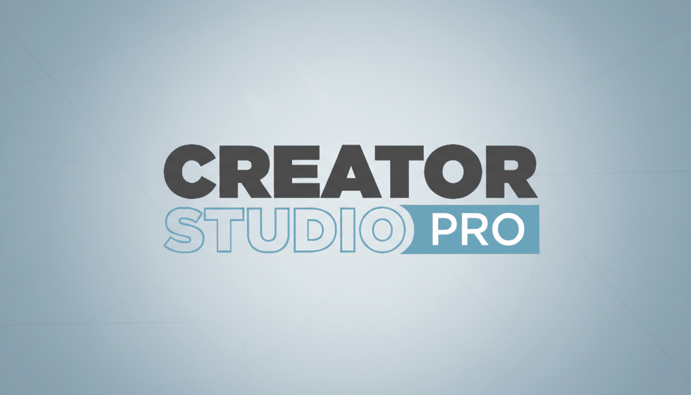 The Creator Studio Pro logo, featuring CREATOR in dark gray text above STUDIO in light blue outline text, with PRO in white text on a light blue rectangular background, all centered on a light gray background with subtle geometric patterns.