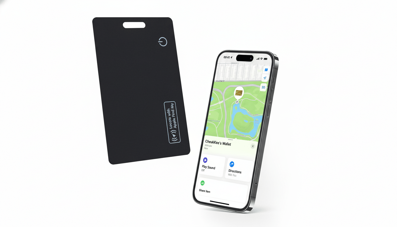 A black tracking card and a smartphone displaying a map and tracking interface, set against a clean white background.