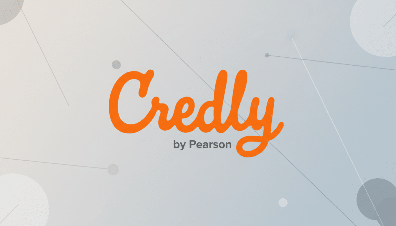 The Credly by Pearson logo, featuring the word Credly in a vibrant orange, handwritten-style font, with by Pearson in a smaller, black sans-serif font below it. The logo is centered on a professional flat design background with soft gray gradients and subtle geometric patterns, resized to a 16:9 aspect ratio.